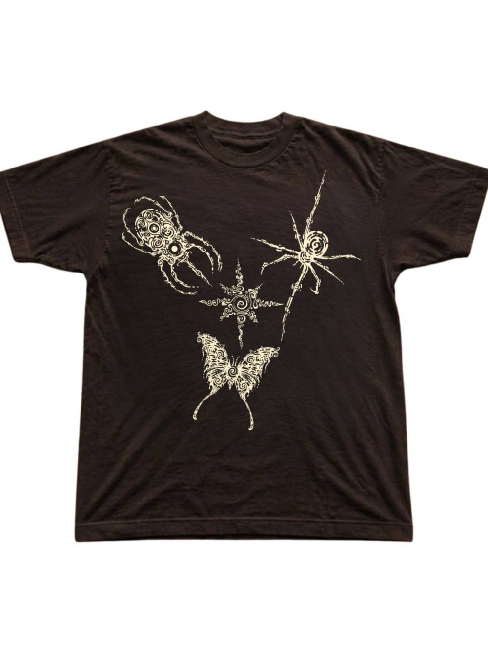 Black Graphic Beetle Tee with Cream Insect Motif